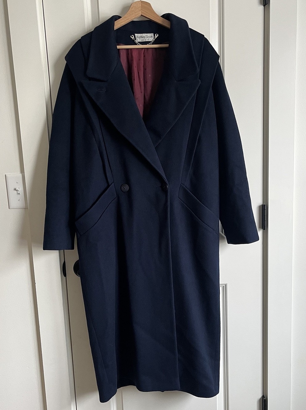 VTG Ashley Scott Women’s M/L Navy Blue 100% Wool USA Maxi Long Coat 80s/90s EXC